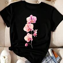Stunning Pink Orchid Floral Print Black T-Shirt – Casual, Effortlessly Chic Summer Top For Women Black CLL T-Shirts-3329 - màu đen - Xem 3