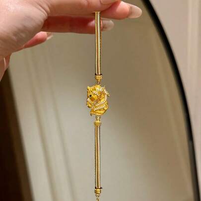 18K镀金雕花马形徽章手链，法式复古风格时尚女士手链