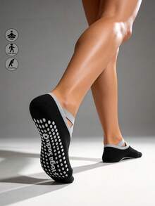 Runway Rest 2 paires de chaussettes antidérapantes pour femmes Pilates, chaussettes adhérentes Pilates, chaussettes de yoga avec adhérence pour la course, les sports, la salle de gym, l'automne - Noir - Voir 2