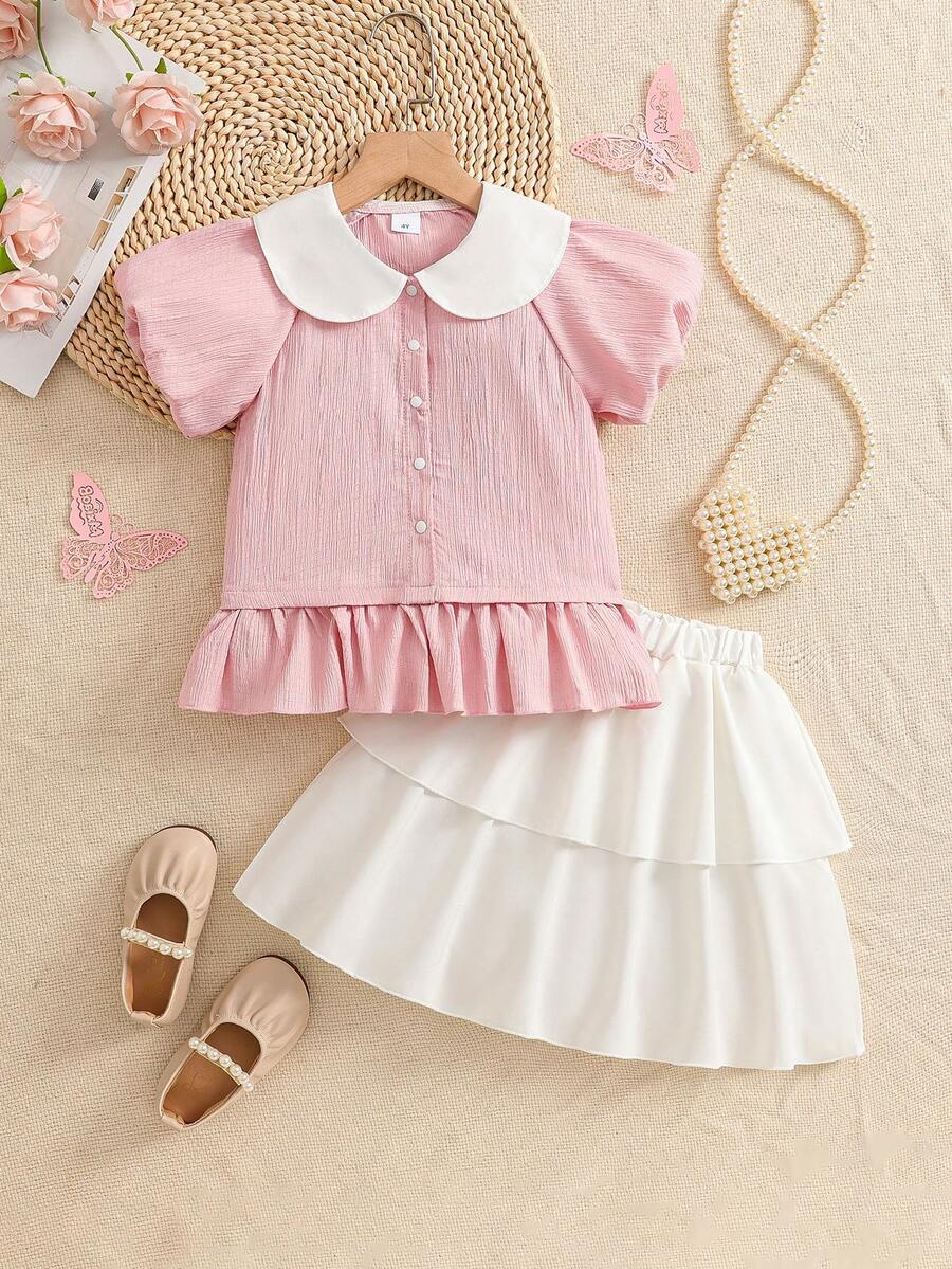 Girls' Elegant Ruched Collar Puff Sleeve Blouse + Fashionable White Double-Layer Pleated Skirt 2-Piece Set, Casual Minimalist Sweet Girl Skirt Suit, Suitable For Daily Outdoor Activities And Beach Wear - Baby Pink - View 1