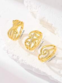 Women's Gold Tone Open Rings Set, Heart & Swirl Design With Rhinestone Accent, Adjustable Stackable Statement Jewelry For Everyday Wear - Yellow Gold - View 2