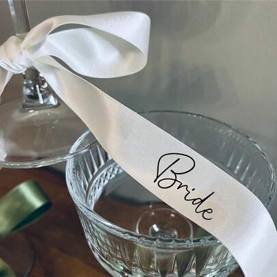 1pc Wedding Wine Glass Bow Decor, Bride Bridesmaid Satin Ribbon Party Toasting Streamer, Wedding Wine Glass Bow Decor, White Ribbon With Letter