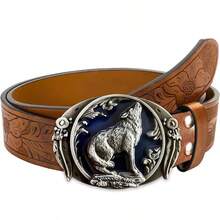 Western Cowboy Wolf Style Men's Belt - Asymmetrical Pattern Carved Floral Long Horn Cow Head, Smooth Buckle Women's Belt - Country Music Festival Equestrian Belt, Pair With Jeans, Christmas Gift, Animal Bohemian Vintage Casual PU Leather New Belt, 4 Seasons - Orange - View 14