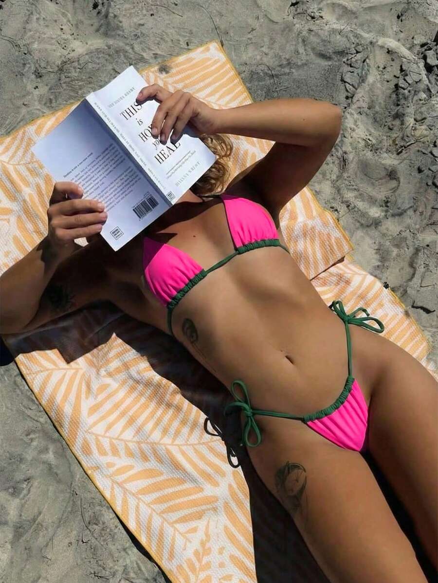 Set Bikini Halter Tanpa Punggung Warna Pink Polos Baru, Cocok untuk Pantai, Pesta Kolam Renang, dan Liburan Musim Panas.