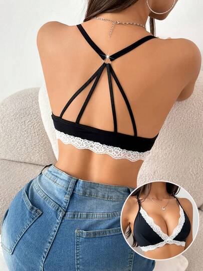 女士撞色蕾丝拼接浪漫法式风舒适露背文胸
