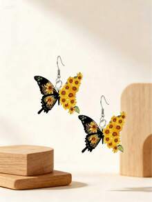 2D Bohemian Style Sunflower & Butterfly Earrings, Sunflower Element, Acrylic Flat Material, Stainless Steel Earring Hook, Suitable For Daily Wear And Parties, Holiday Gifts, All Seasons - Sunflower Butterfly - View 7