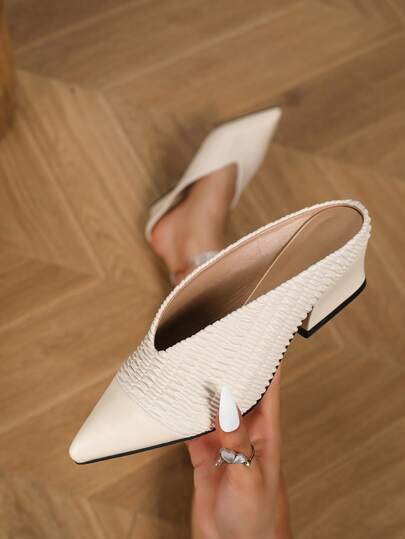 Spring/Summer Minimalist Party Pointed Toe Deep V Thick Heel Mule Sandals For Women, Elegant & Comfortable, Suitable For Commuting, Gathering, Banquet, Apricot Pleated Leather Patchwork High Heel Sexy Open Toe Asymmetric Heel Shoes