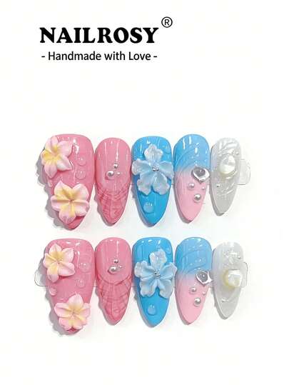 3D Burgundy Flower Nail Art/10pcs Handmade Almond Shape Elegant Nail Gel 3D Floral Nail Art Suitable For Holidays, Vacations, Birthdays, Reusable Luxury Nail Art