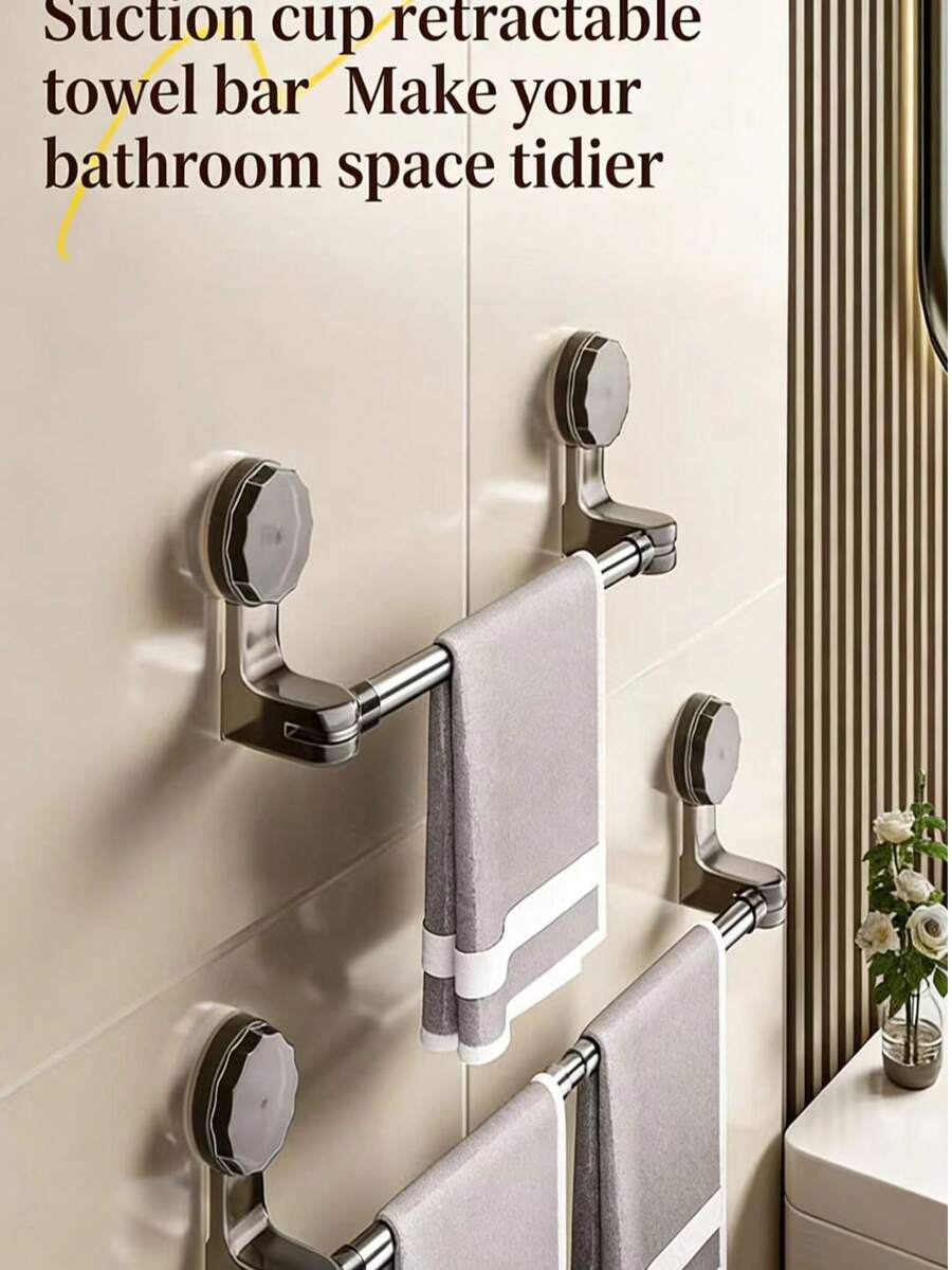 1pc Powerful Suction Cup Towel Rack, Extendable Bathroom Towel Bar, Toilet Bathroom Towel Holder, No Drilling Required - Black - View 1