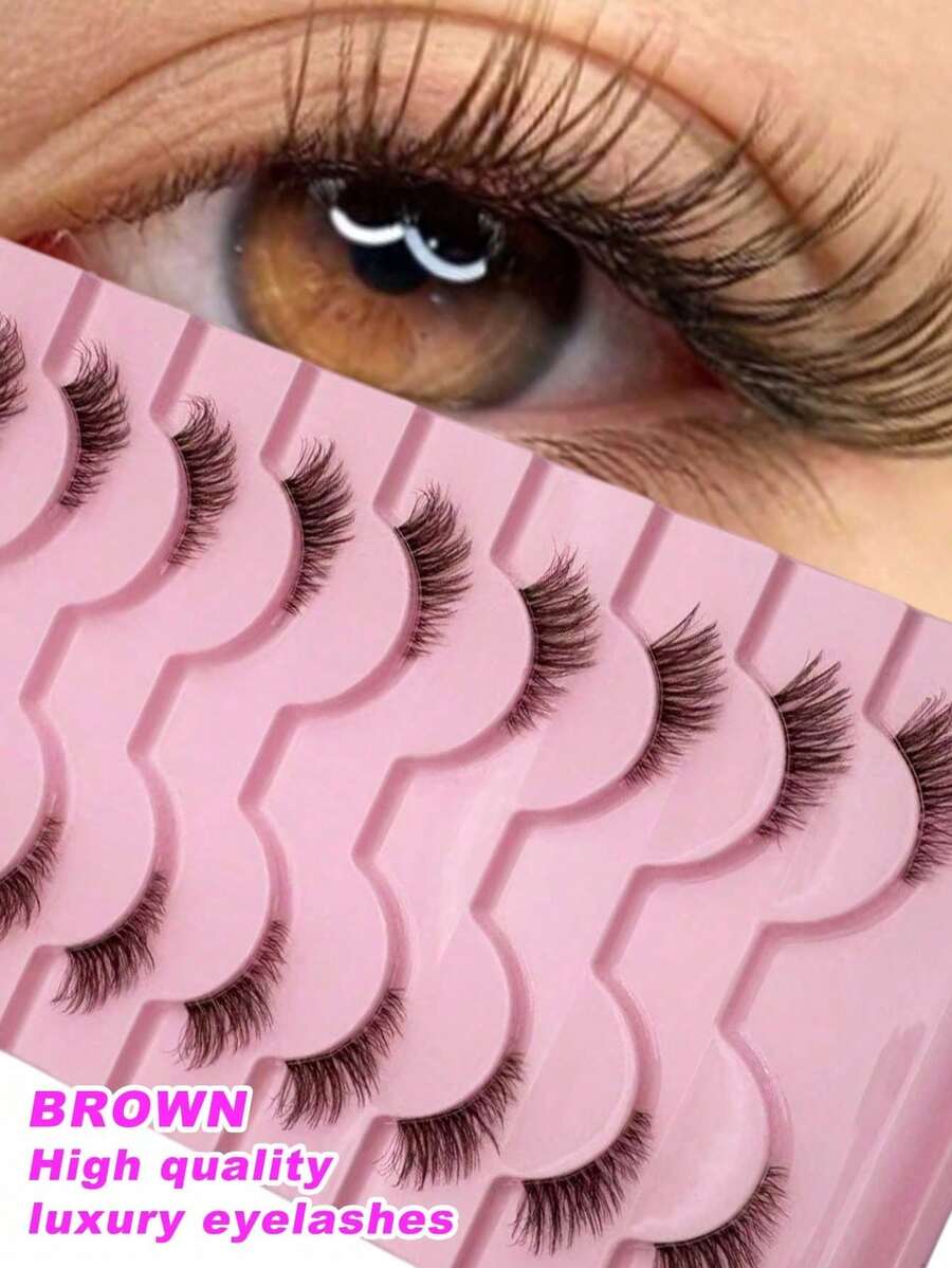 8 Pairs Brown Half-Eye False Eyelashes, Transparent Stem, Natural & Realistic, Enhance Eye Shape, Suitable For Daily Wear, Beginners, Vacation, Dates, Makeup - Brown - View 1