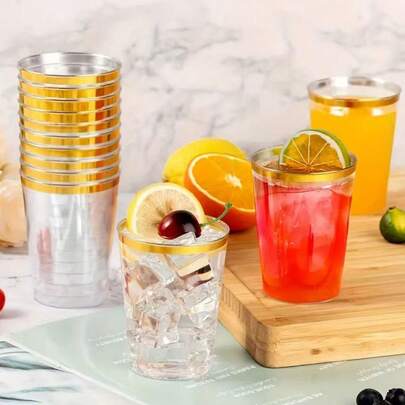 10pcs/20pcs/25pcs/30pcs/40pcs High-End Gold-Rimmed Clear Plastic Cups, Reusable Cups For Juice, Water, Suitable For Parties, Weddings, Picnics And Various Events