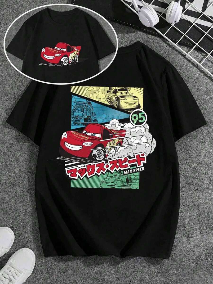 Disney New Summer Style Cars Lightning McQueen Short-Sleeved T-Shirt, Casual Round Neck, Loose Fit, Unisex, Comfortable, Soft, Breathable Pure Cotton, Suitable For All Seasons, Perfect For Everyday Wear, Outings, Parties, Work, And Commuting. - 黑色 - 查看 1
