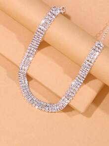 1 pieza Collar de cadena con garra de 3 filas de rhinestones - Plateado - Ver 5