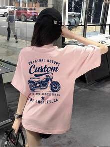 Damen-T-Shirt mit lockerer Passform, Rundhalsausschnitt, Buchstaben- und Motorrad-Grafikdruck, kurzen Ärmeln, vielseitig für Frühling/Sommer, Schwarz, Kleidung, T-Shirts für Männer - Pink - Übersicht 5