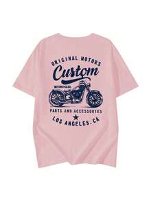 Damen-T-Shirt mit lockerer Passform, Rundhalsausschnitt, Buchstaben- und Motorrad-Grafikdruck, kurzen Ärmeln, vielseitig für Frühling/Sommer, Schwarz, Kleidung, T-Shirts für Männer - Pink - Übersicht 7