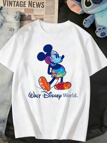 Disney Unisex Casual Round Neck Short Sleeve T-Shirt, Walt Disnep World Mickey Mouse In Happy Mood Cartoon Character Disneyland Vacation Trip Disney World Tee Top - White - View 1