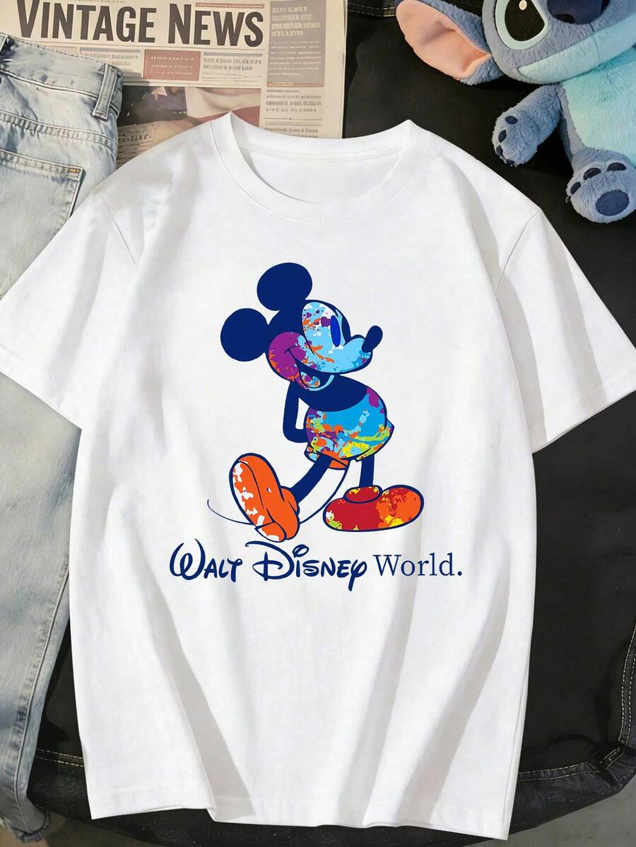 Disney Unisex Casual Round Neck Short Sleeve T-Shirt, Walt Disnep World Mickey Mouse In Happy Mood Cartoon Character Disneyland Vacation Trip Disney World Tee Top - White - View 1