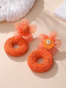 1 Pair Orange Mesh Flower Raffia Woven Round Drop Earrings, Vacation Style Bohemian Earrings - Orange - View 8