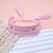 1pc Embroidered "MAMA" Heart Boho Tassel Braided Bracelet - Baby Pink - View 3