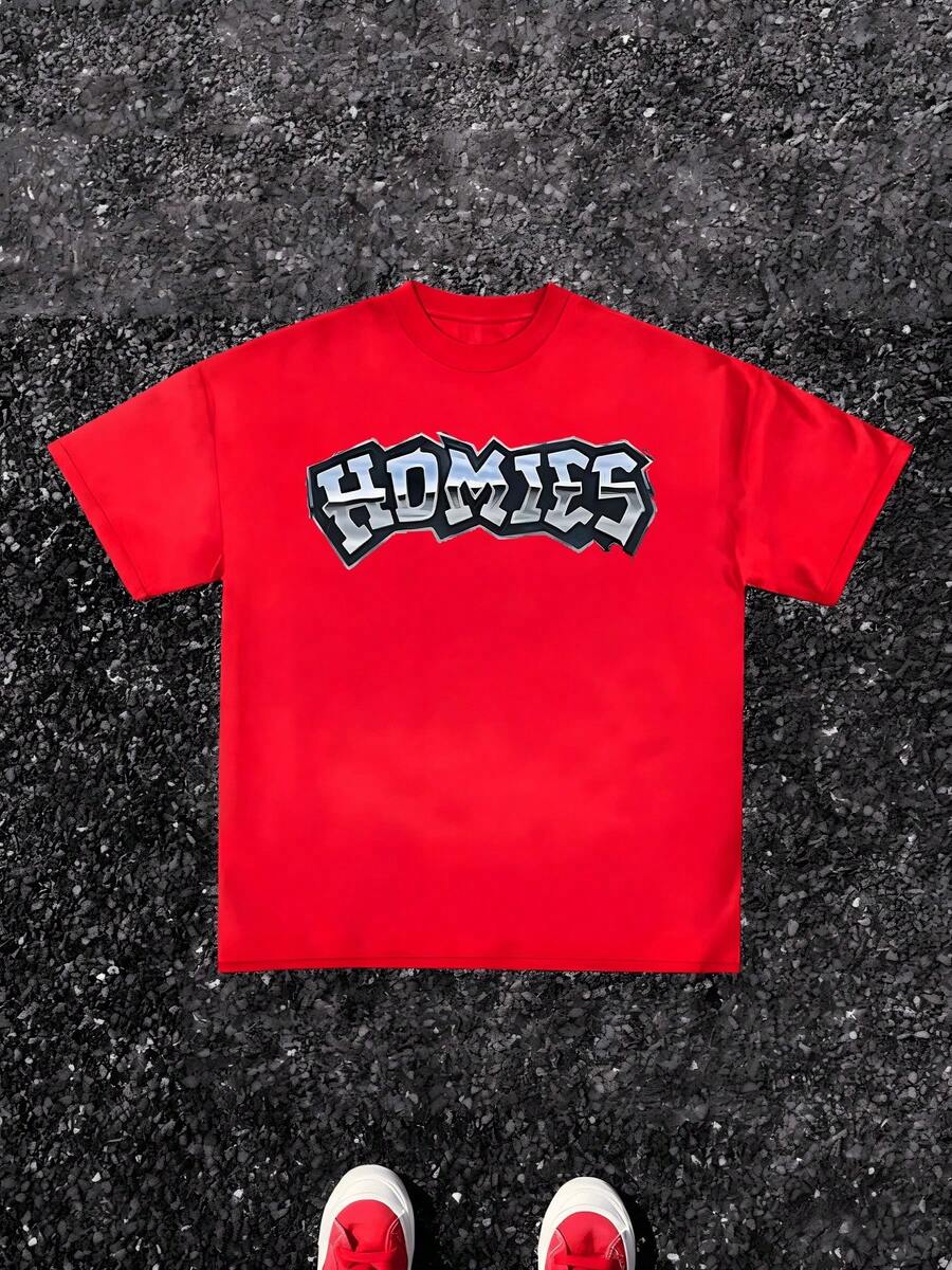 1pcs Homies Letter Print TShirt, Urban Style 100% Cotton TShirt Men's Graphic TShirt Summer Cool TShirt Perfect Gift For Family Or Friend, Casual Streetwear TShirt Men - Red - View 1