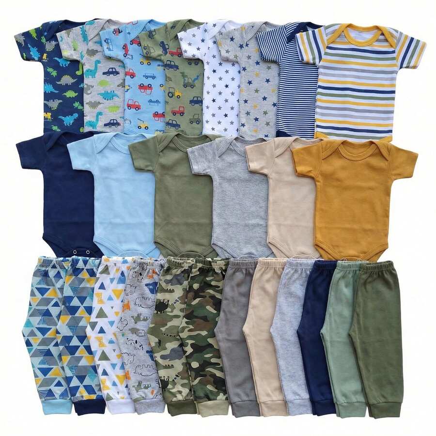 Baby Layette Kit 6 Pieces Bodysuit + Footed Pants 100% Cotton Newborn To Large – Boy, Girl And Unisex – Newborn Maternity Clothes - Assorted Colors Plain And Patterned - Boy - View 1