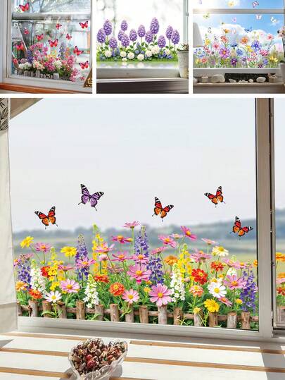 BRUP 1Pc Baby Room Window Sticker, Flower & Butterfly Wall Decals For Nursery Decor, Removable PVC Window Clings With Floral Design, Kids Bedroom Wall Art, Home Decoration Stickers