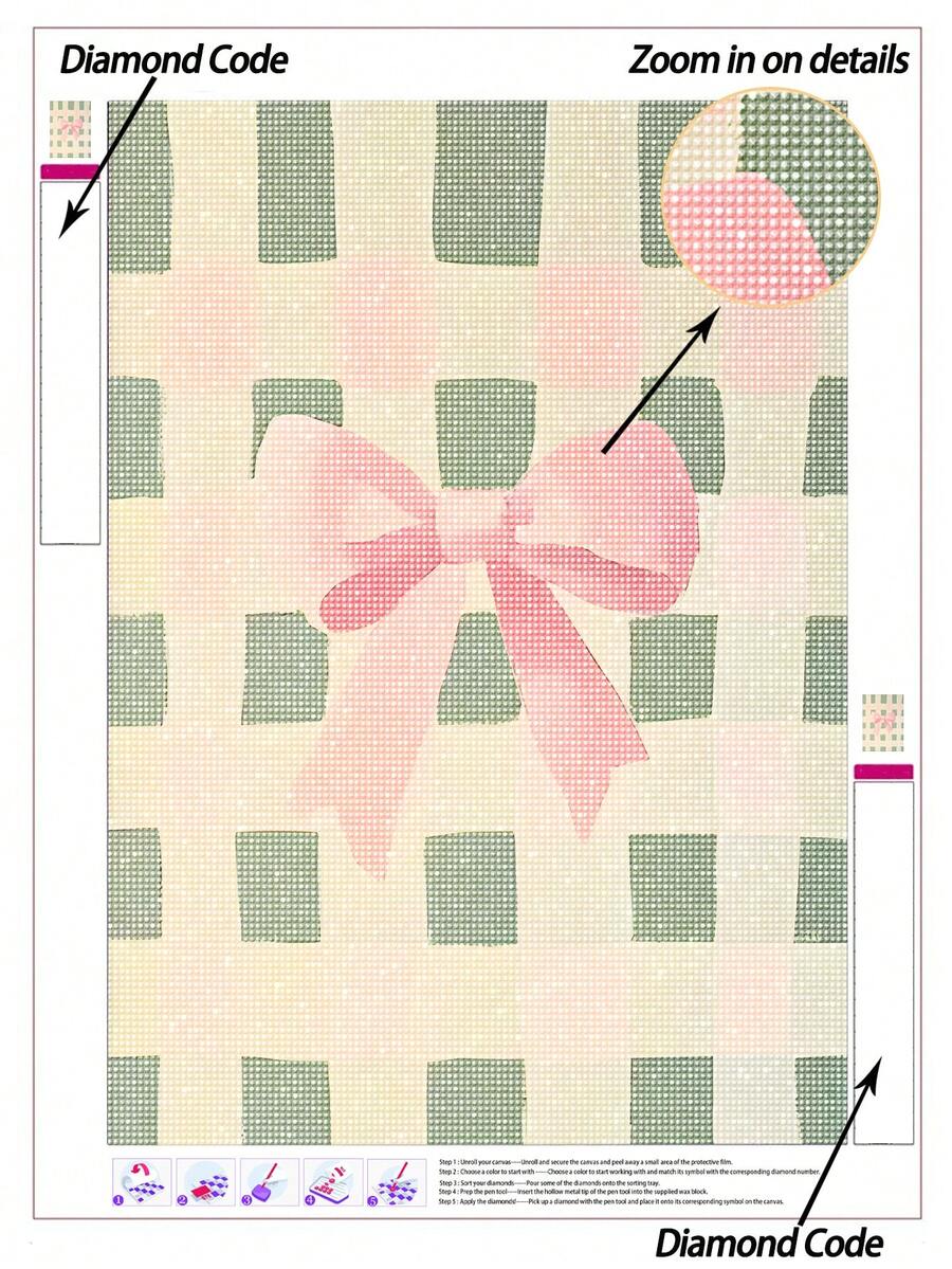 |5D DIY Diamond Painting|Delicate Pink Bow On Green Checkered Background DIY Diamond Art Kit, Soft Gradient Pink Bow Detailing, Muted Sage Green And Cream Gingham Pattern, And Gentle Vintage-Inspired Aesthetic. Handmade Decorative Painting, 5D DIY Embroidery Mosaic Art, Make Your Own Wall Art DIY, Enjoy The Fun Of Hands-On, The Best Gift For Friends - No Frame - View 1