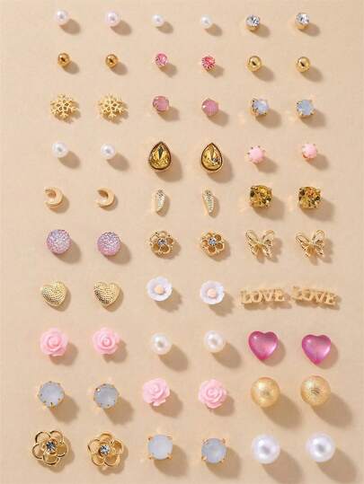 30pcs/Set Elegant Minimalist Crystal Flower, Heart, Faux Pearl, Bow Stud Earrings Set, Gift For Women, Daily & Party Accessories