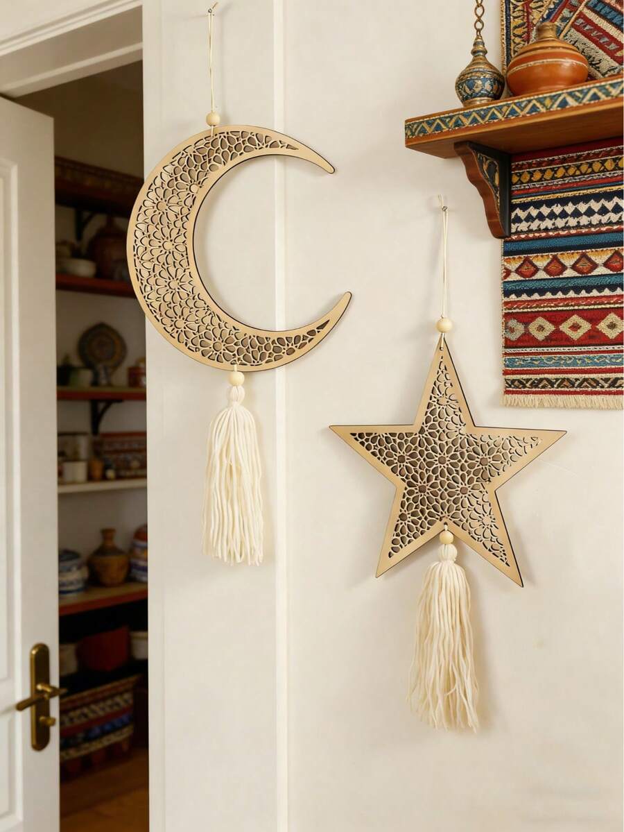 1pc Moon Phase Wall Decor, Moon, Star & Lantern Shaped Hanging Ornament With Tassels, Wooden Boho Style Wall Art, Boho Home Decor, Suitable For Living Room & Bedroom, Mysterious & Minimalist Wall Hanging, Home & Party Decoration, Holiday Decor