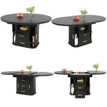 Extendable Dining Table, Dining Room Table, Kitchen Table, Round Dining Table, Extends To Oval, 118-158 Cm, Seats Up To 6 People, Three-Tier Storage, Black - Black - View 9