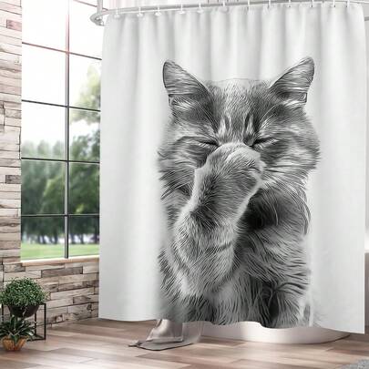 1件趣味猫咪浴帘，黑白幽默猫咪图案，猫咪“闻不到任何气味”，趣味浴帘，适用于浴室浴缸隔断，浴室配件，浴室浴帘装饰