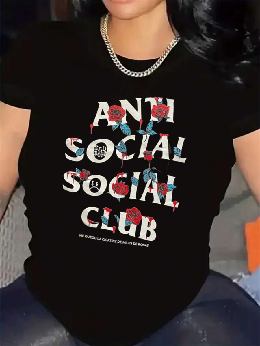 1pcs Ladies Antisocial Social Club Rose Print Elegant Short Sleeve T-Shirt Soft Comfortable Crew Neck Fashionable Print Suitable For Spring Summer Fall Versatile 100 Cotton Women Casual T-Shirt Easy Matching Wardrobe Staple - Black - View 1