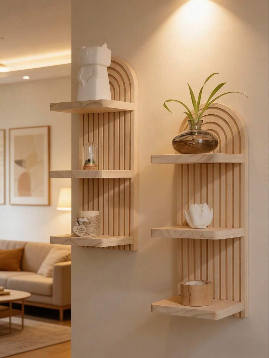 1pc Wooden Boho Style Wave Pattern Wall Hanging Shelf, Can Be Used As Storage Organizer, Display Rack For Candles, Decorations, Home Decor - Apricot - View 1