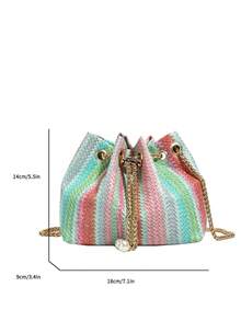 链条草编包，大容量丝带设计韩版斜挎包，彩虹迷你水桶包夏季新款旅行沙滩风女士手提包 - 粉色 - 查看 7