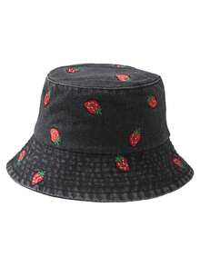 1顶女士可爱休闲Y2K风格时尚做旧水果雏菊刺绣牛仔布渔夫帽，适合外出、海滩、日常穿着 - 刺繡 - 查看 10