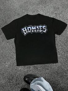 Men's Silver  Homies Graphic Print T Shirt Streetwear 100% Cotton Tee Urban Casual Short Sleeve T Shirt Hip Hop - 黑色 - 查看 8