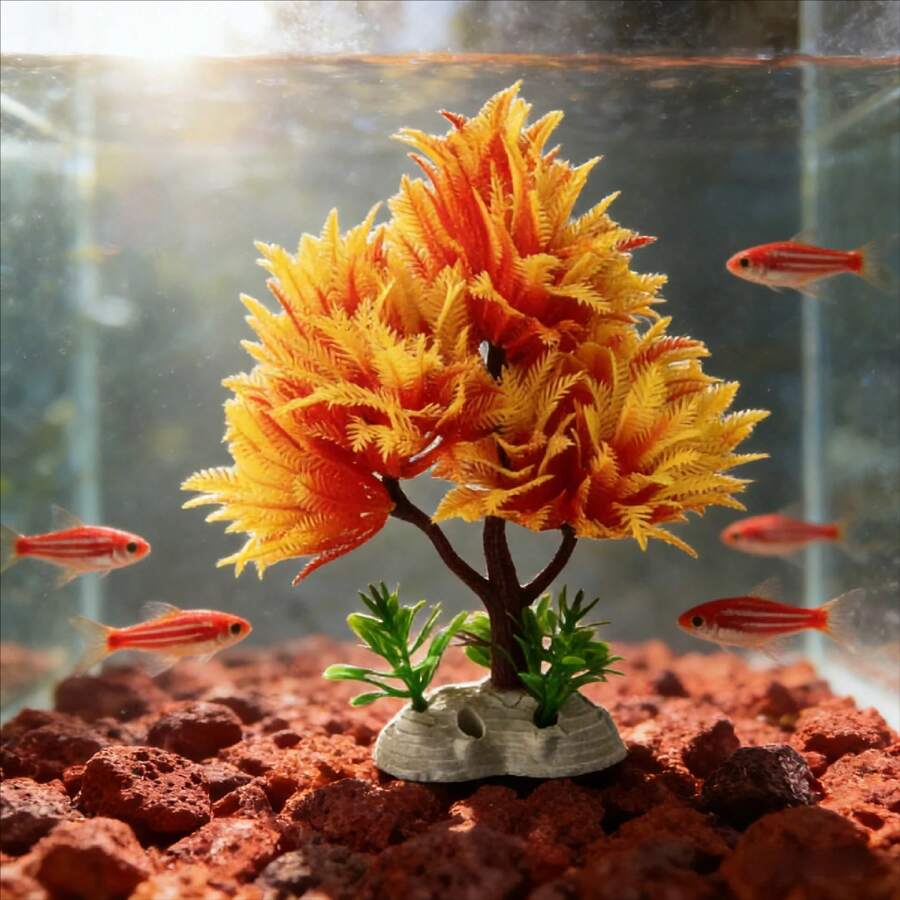 人造迎宾松树水族箱装饰,采用PE材质,鲜艳的橙黄色火焰状设计,为鱼虾提供躲藏和栖息场所,有助于缓解压力,底座稳固,适用于水族箱、假山、花园、酒店和餐厅装饰,易于清洁,是水族箱造景的理想配件。 - A - 查看 1