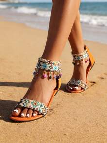 Giày cao gót hở mũi kiểu chữ H màu vàng hồng lấp lánh, thoáng khí, họa tiết ngôi sao đính đá lấp lánh, đa năng cho đám cưới, tiệc tùng, đi chơi, đi biển, du lịch, phù hợp cho mọi mùa. - Màu Cam cháy - Xem 4