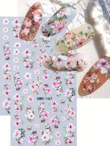 SWEET TREND 2片装5D樱花美甲贴纸，白色渐变粉色花瓣和绿叶，春夏法式花卉印花设计，DIY浪漫优雅自粘美甲贴花 - 彩色 - 查看 8