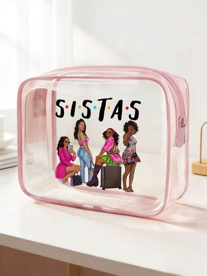 新款“黑姐妹”图案PVC洗漱包，PVC旅行收纳包，拉链封口 - 轻便、不易褪色的化妆包，适合女性/女孩，便携式化妆箱，易于擦拭清洁，是送给妈妈、老师、朋友、护士的理想礼物，也是送给女性朋友的礼品袋，是学校旅行和度假的必备品，防水洗漱包，旅行必备品，旅行礼物，必备化妆品收纳包