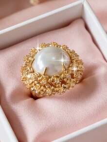 1 chiếc nhẫn ngọc trai giả cỡ lớn lộng lẫy, có thể mở được, trang trí đầy hoa nhỏ và đá Cubic Zirconia, thích hợp cho cô dâu, lễ đính hôn, đám cưới, tiệc chiêu đãi, dạ hội, trang trí tiệc tùng, trang sức bằng đồng. - ngọc trai - Xem 3