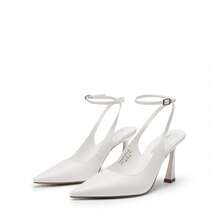 Women's Office Work Heels, Pointed Toe Block Heel Pumps With Slingback Adjustable Strap, Comfortable Closed Toe Dress Shoes For Daily Wear - trắng - Xem 5