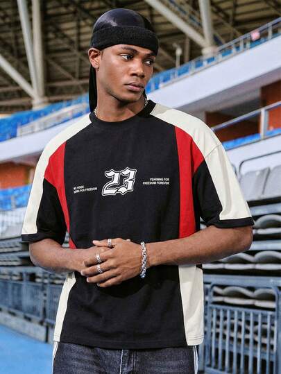 EVRINFINITE 男士休闲运动拼色字母印花落肩宽松 T 恤，夏季