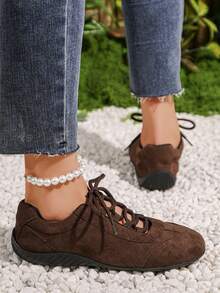 休闲百搭镂空系带女式运动鞋，舒适软底休闲鞋 - 棕色 - 查看 7