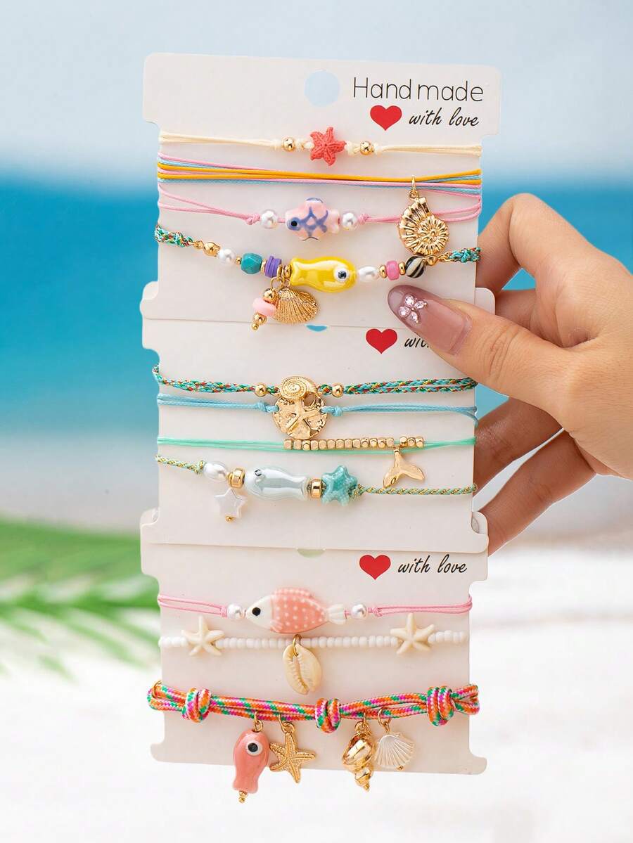 Summer Vacation Colorful Bohemian Style Coral Shell Star Pendant Decor Braided Bracelet Set, Ocean Theme Beach Surfing Wax Cord Bracelet Anklet Set, Bohemian Style Surfing Women Anklet Set - Multicolor - View 1