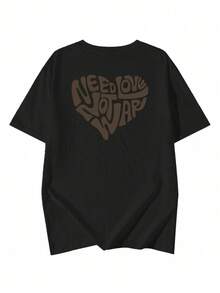 Women's Casual Round Neck Loose Fitting Letter & Heart Print Short Sleeve T-Shirt, Versatile For Spring/Summer Black - Black - View 4