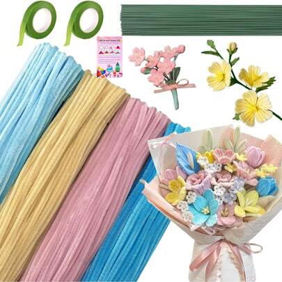 423 件套毛根手工套装，包含 400 根毛根、雪尼尔绒条，可用于 DIY 母亲节鲜花制作，套装内含 2 卷园艺胶带、20 根花茎和 1 份教程。