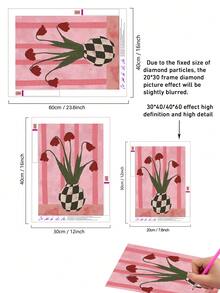 |5D DIY钻石画|格子花瓶中的红铃花DIY钻石画套装，深红色铃铛花，翠绿的茎叶，经典的黑白格子花瓶，以及柔和的粉色竖条纹背景。手工装饰画，5D DIY刺绣马赛克艺术，打造属于你自己的DIY墙面艺术，享受动手乐趣，送给朋友的最佳礼物 - 無框 - 查看 4