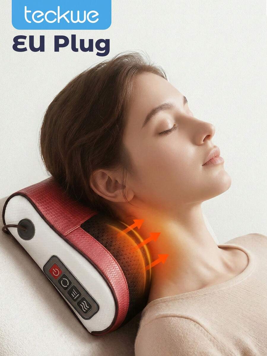 Teckwe Lower Back Neck Massager With Heat, 3 D Kneading Massage Pillow For Back Neck Shoulder Leg, Body Relax At Home Office And Car, Massage Vibrator, Ideal Gift For Men Women-EU Plug - EU C Type Plug(220-240V) - View 1
