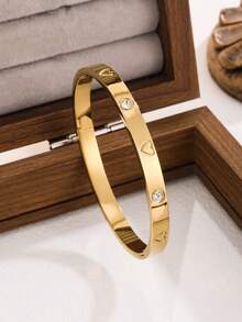 闪亮锆石手链，女士四叶草印花爱心不锈钢手镯，珠宝礼品 - 金黃色 - 查看 3